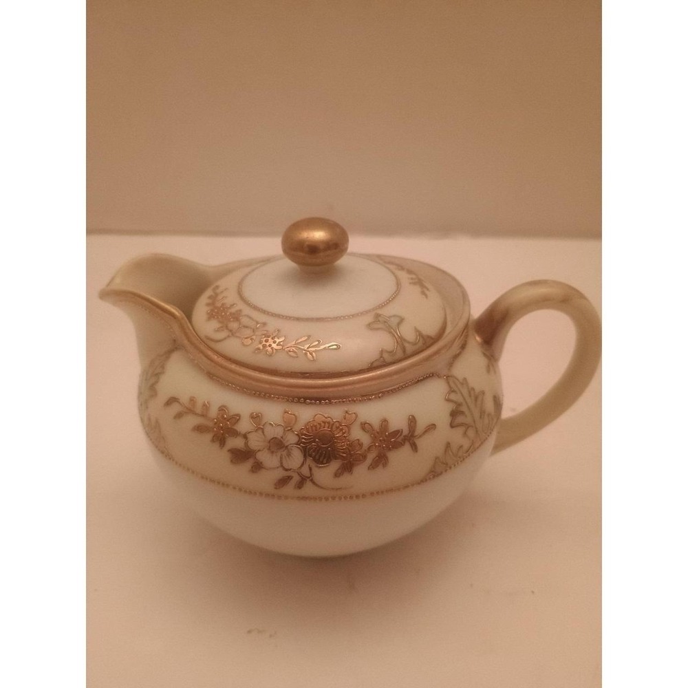 Vintage Nippon Raised Gold Hand Painted Floral Creamer Pitcher Teapot 3" tall